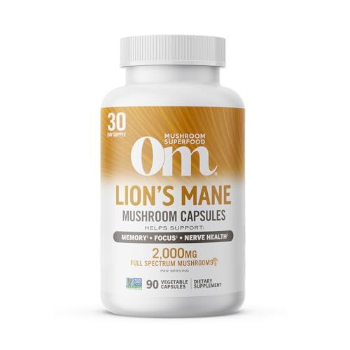 OM Mushroom Superfood Lion&#39;s Mane Mushroom Capsules Superfood Supplement, 90 Count, 30 Day Supply, Fruit Body and Mycelium Nootropic for Memory, Focus, Nerve Health and Immune Support