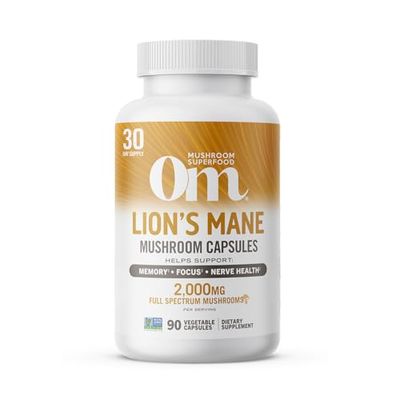 OM Mushroom Superfood Lion&#39;s Mane Mushroom Capsules Superfood Supplement, 90 Count, 30 Day Supply, Fruit Body and Mycelium Nootropic for Memory, Focus, Nerve Health and Immune Support