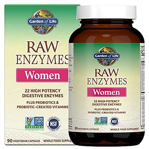 Garden of Life 22 Digestive Enzymes for Women with Bromelain, Papain, Lipase &amp; Lactase Plus Probiotics &amp; Vitamins B12, Biotin &amp; Zinc - RAW Enzymes - Non-GMO, Gluten-Free, Vegetarian, 90 Capsules