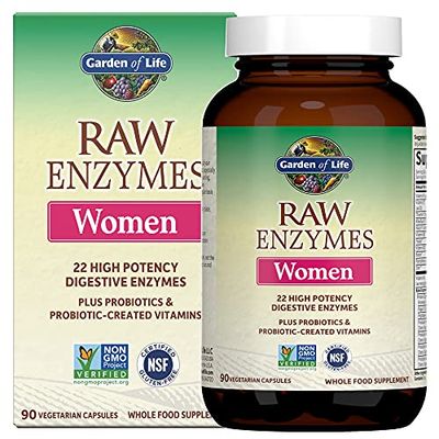 Garden of Life 22 Digestive Enzymes for Women with Bromelain, Papain, Lipase &amp; Lactase Plus Probiotics &amp; Vitamins B12, Biotin &amp; Zinc - RAW Enzymes - Non-GMO, Gluten-Free, Vegetarian, 90 Capsules