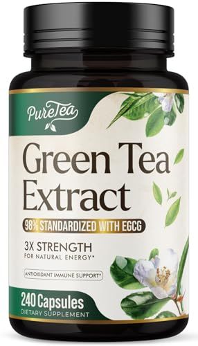 Green Tea Extract Pills 1000mg with EGCG for Heart Support with Antioxidants - 98% Standardized Polyphenols - 3X Absorption Green Tea Capsules for Natural Energy, Gentle Caffeine - 240 Capsules