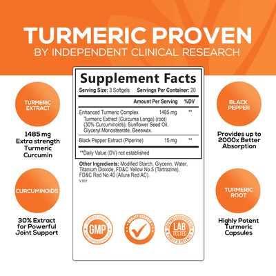 Turmeric Curcumin Supplement 1500mg - Superior Absorption Tumeric Extract Softgel with Black Pepper - Curcuminoids Antioxidant Herbal Supplement, Joint Support for Women &amp; Men, Non-GMO - 60 Softgels