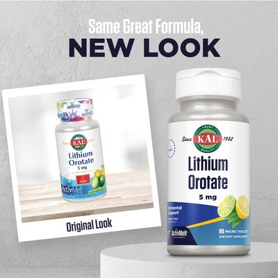 KAL Lithium Orotate ActivMelt 5mg, Chelated Lithium for Optimal Absorption and Bioavailability, Healthy Mood Support, Natural Lemon Lime Flavor, Instant Dissolve Tablets, 90 Servings, 90 Micro Tablets
