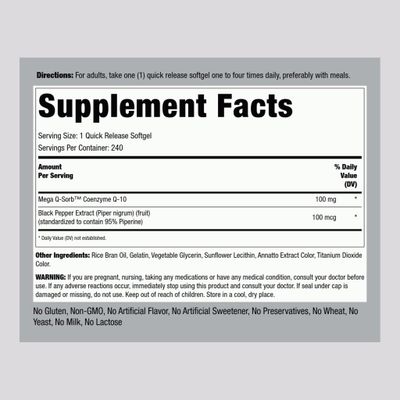 Piping Rock CoQ10 100mg | 240 Softgels | Enhanced Absorption Supplement | Non-GMO, Gluten Free