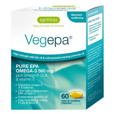 Vegepa Omega 3 Wild Fish Oil &amp; Evening Primrose Oil Blend, 560 mg EPA Plus GLA, 60 Small Softgels