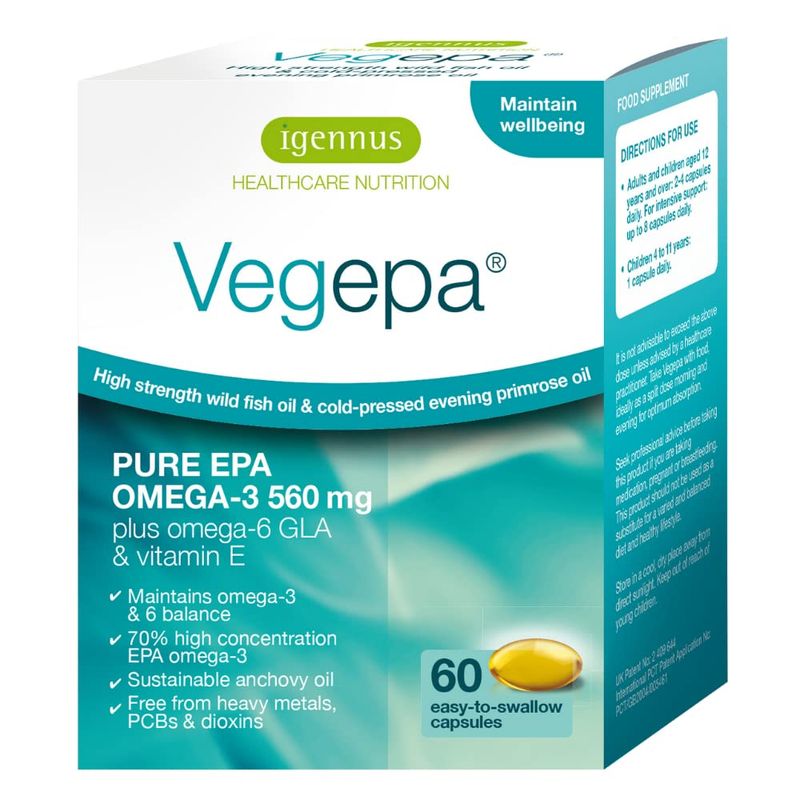 Vegepa Omega 3 Wild Fish Oil &amp; Evening Primrose Oil Blend, 560 mg EPA Plus GLA, 60 Small Softgels