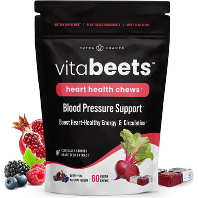 Beet Chews - Blood Pressure Support - Potent 750mg Beet Root Extract - Heart Chews - Blood Flow &amp; Circulation Support Supplement - Super Reds Blend - Beet Root Gummies Alternative - 60 Soft Chews