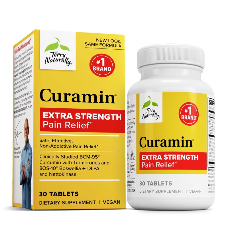 Terry Naturally Curamin Extra Strength - 30 Tablets - Non-Addictive Pain Relief with Curcumin, Boswellia, DLPA &amp; Nattokinase - Non-GMO, Vegan - 10 Servings