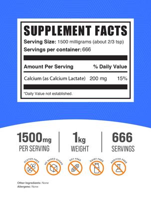 BulkSupplements.com Calcium Lactate Powder - Calcium Supplement, Calcium Lactate Food Grade - Calcium Lactate Supplement, 1500mg per Serving (200mg Calcium), 1kg (2.2 lbs) (Pack of 1)