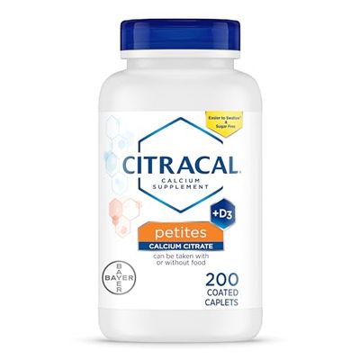 Citracal Petites, 400 mg Calcium Citrate, Easily Absorbed and Highly Soluble with 12.5 mcg (500 IU) Vitamin D3, Bone Health Support for Ages 12+, Smaller and Easier to Swallow Caplets, 200 Count