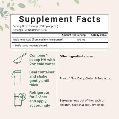 Micro Ingredients Hyaluronic Acid Serum Powder, 100 Grams | Low Molecular Weight, Cosmetics Grade | Skin Hydration and Moisture Support Supplements | Vegan, Water Soluble (Within 2 Hours)