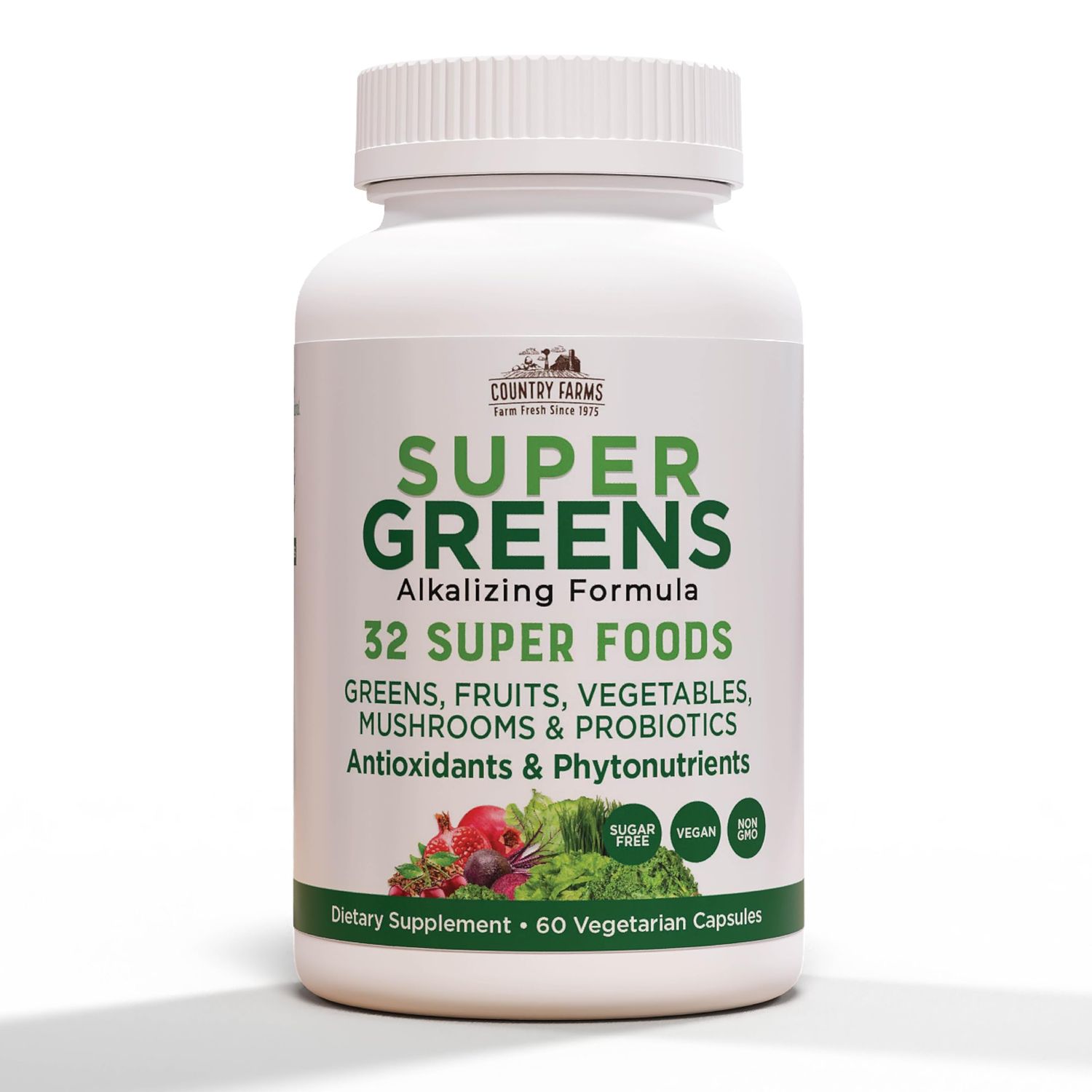 COUNTRY FARMS Super Greens Vegicaps, 32 Super Foods, Whole Food Supplement, Greens, Fruit, Vegetables, Mushrooms &amp; Probiotics, Rich in Antioxidants &amp; Phytonutrients, 60 Count, 30 Servings