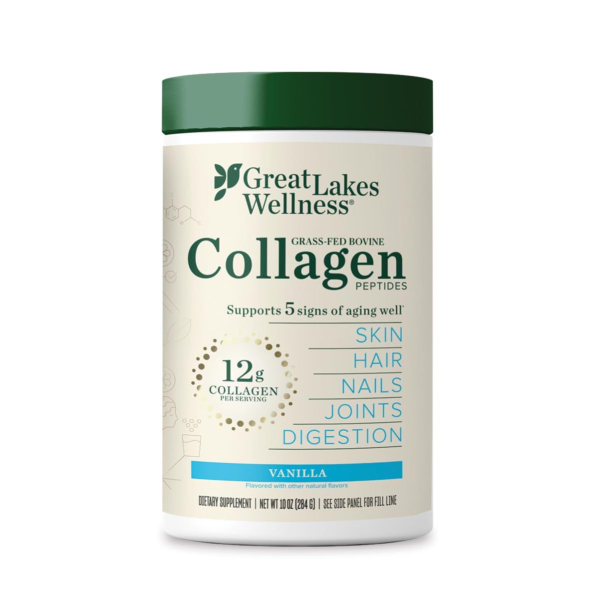 Great Lakes Wellness Collagen Peptides Powder for Skin, Hair, Nails, Joints &amp; Digestion - Vanilla Flavored - Quick Dissolve Hydrolyzed, Non-GMO, Kosher - 10 oz - Packaging May Vary