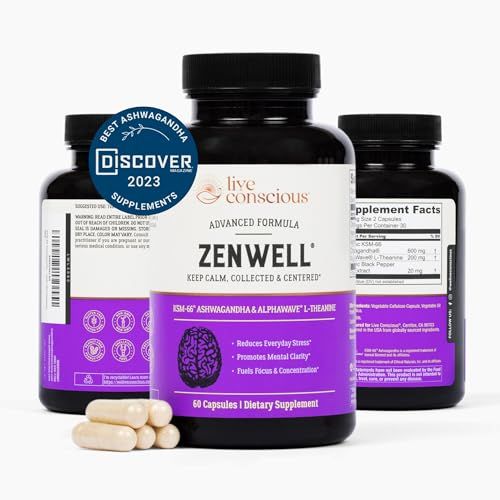 Live Conscious KSM-66 Ashwagandha Supplement w/L Theanine &amp; AlphaWave - ZenWell Everyday Stress Relief, Mood Support, Cognitive, Brain Health - Ashwagandha for Men &amp; Women - 60 Capsules