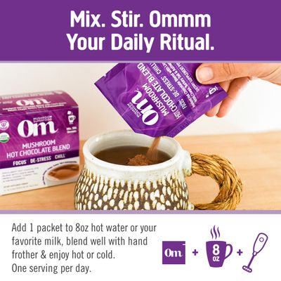 OM Mushroom Superfood Hot Chocolate Blend Mushroom Powder, Single Serve, 10 Count, Dutch Cocoa, 2g of Sugar, 25 Calories, Lion's Mane, Reishi, Chaga, Turkey Tail, Focus and Stress Support