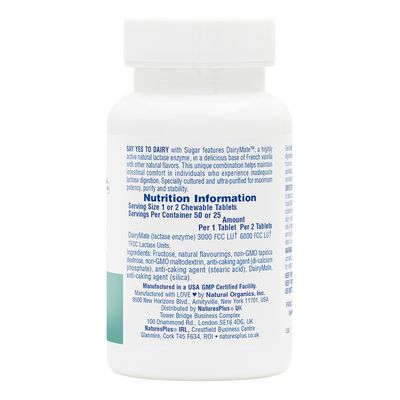 Natures Plus Say Yes to Dairy - 50 Chewable Tablets - Natural Lactase Enzyme Supplement, Maximum Strength Digestive Aid, Lactose Intolerance Relief - Gluten-Free - 50 Servings