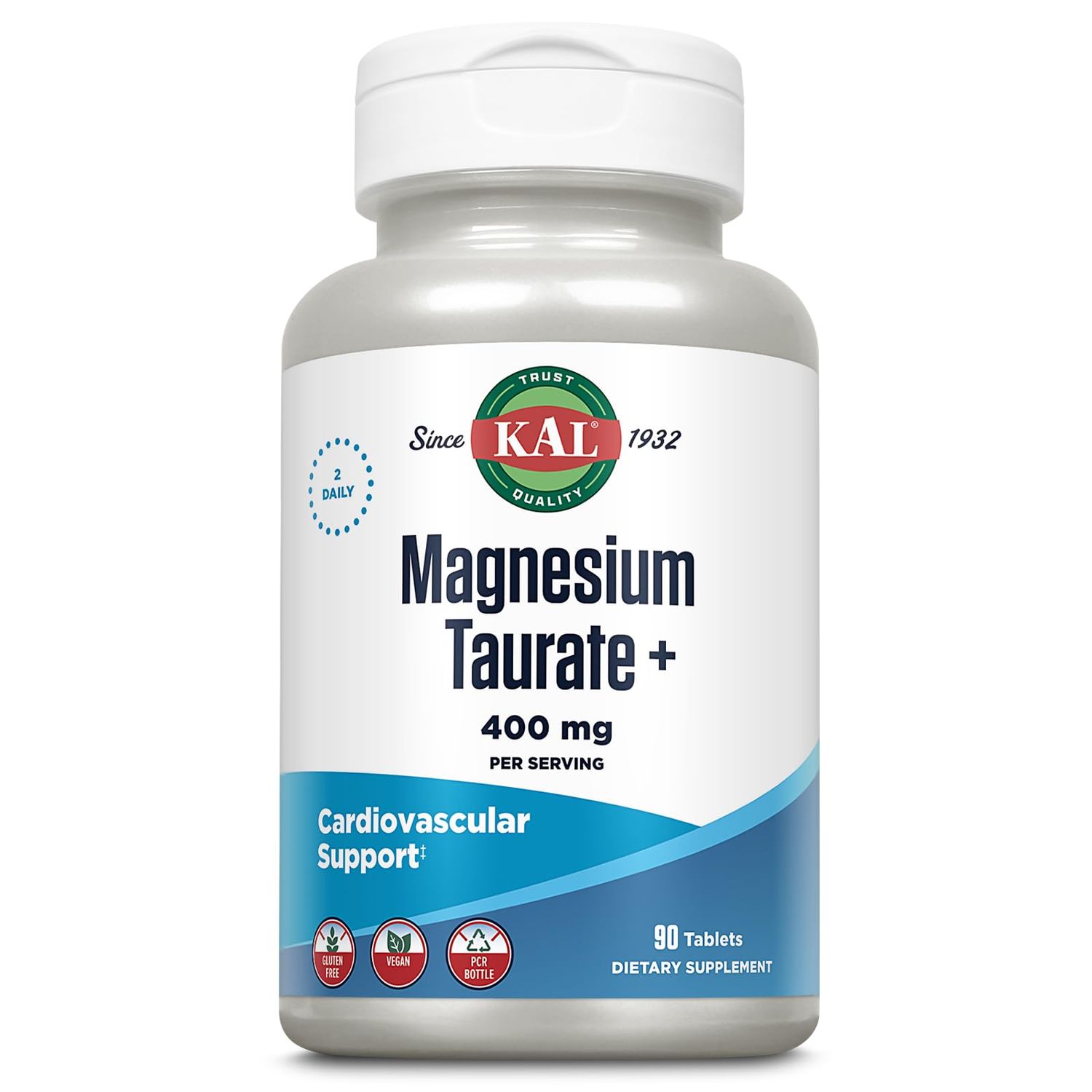 KAL Magnesium Taurate 400mg Plus CoEnzyme Vitamin B6, Chelated Magnesium Supplement, Healthy Muscle Function, Nerve and Heart Health Support, Gluten Free, Vegan, 60-Day Guarantee, 45 Serv, 90 Tablets