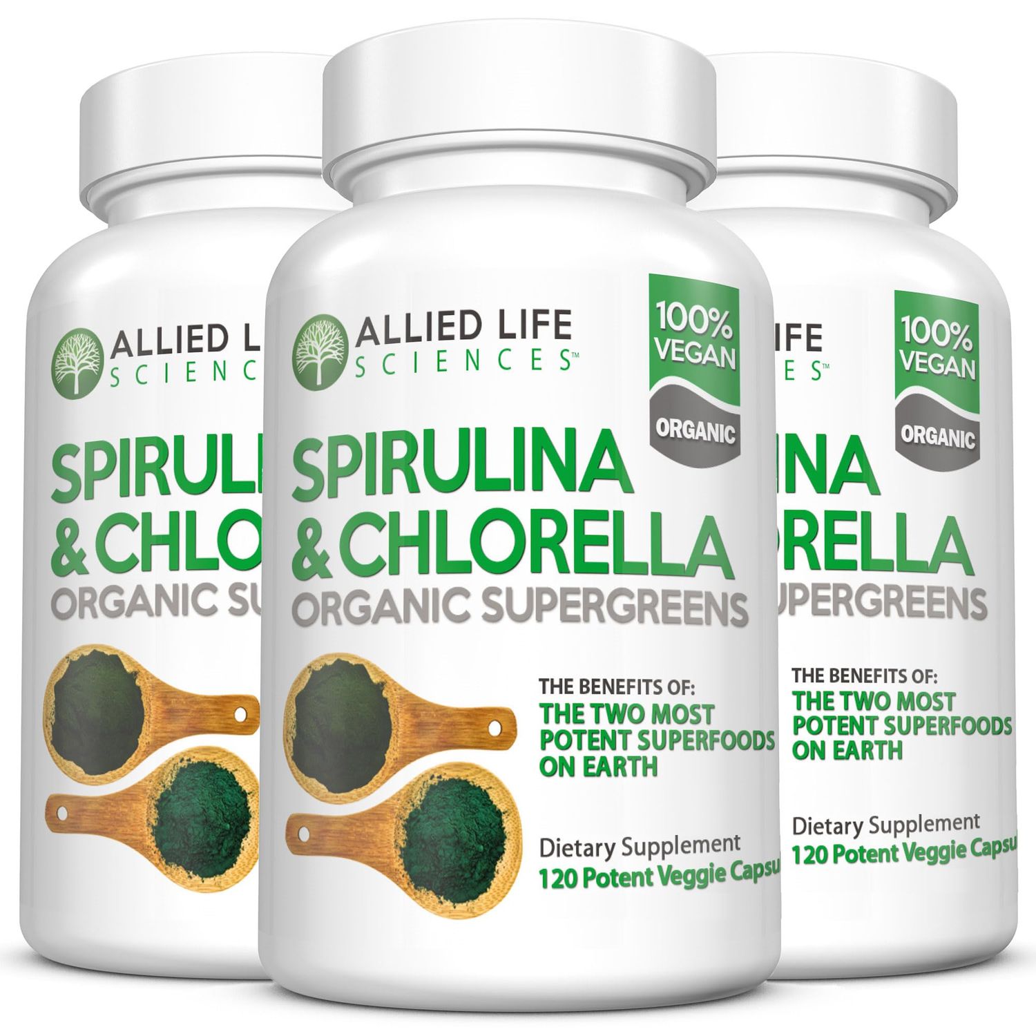 Allied Life Spirulina and Chlorella | Organic Chlorophyll Vegan Protein Powder Green Superfood Capsules | Natural Immune Support (3 Bottle Pack)