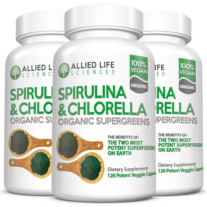Allied Life Spirulina and Chlorella | Organic Chlorophyll Vegan Protein Powder Green Superfood Capsules | Natural Immune Support (3 Bottle Pack)