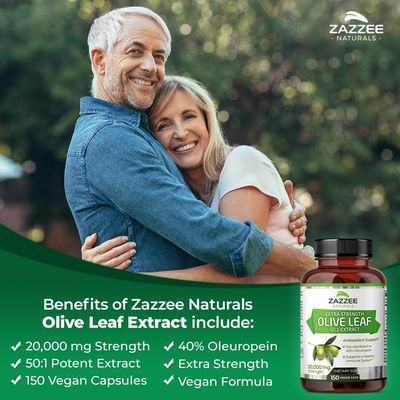 Zazzee Extra Strength Olive Leaf 50:1 Extract, 20,000 mg Strength, 40% Oleuropein, 150 Vegan Capsules, 5 Month Supply, Concentrated and Standardized 50X Extract, 100% Vegetarian, Non-GMO, All-Natural