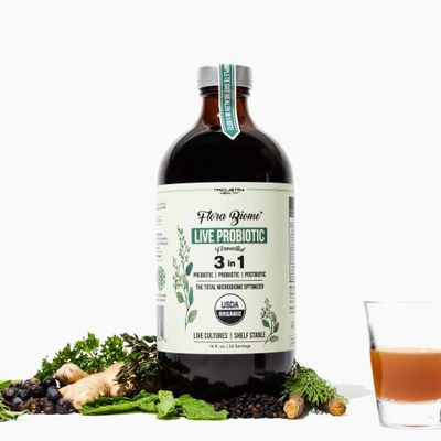 Flora Biome - Live Probiotic, Prebiotic, &amp; Postbiotic - Organic Live-Culture - 10 Probiotic Strains, 18 Fermented Herbs - Complete Gut Health &amp; Microbiome Optimizer (16 oz)