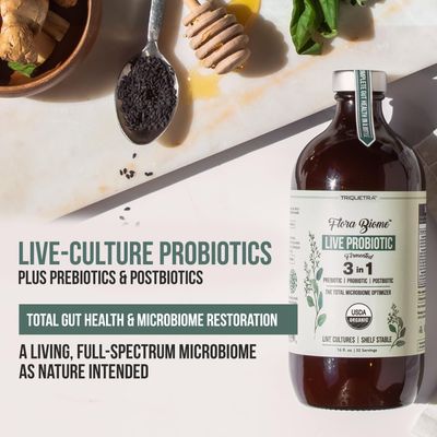 Flora Biome - Live Probiotic, Prebiotic, & Postbiotic - Organic Live-Culture - 10 Probiotic Strains, 18 Fermented Herbs - Complete Gut Health & Microbiome Optimizer (16 oz)