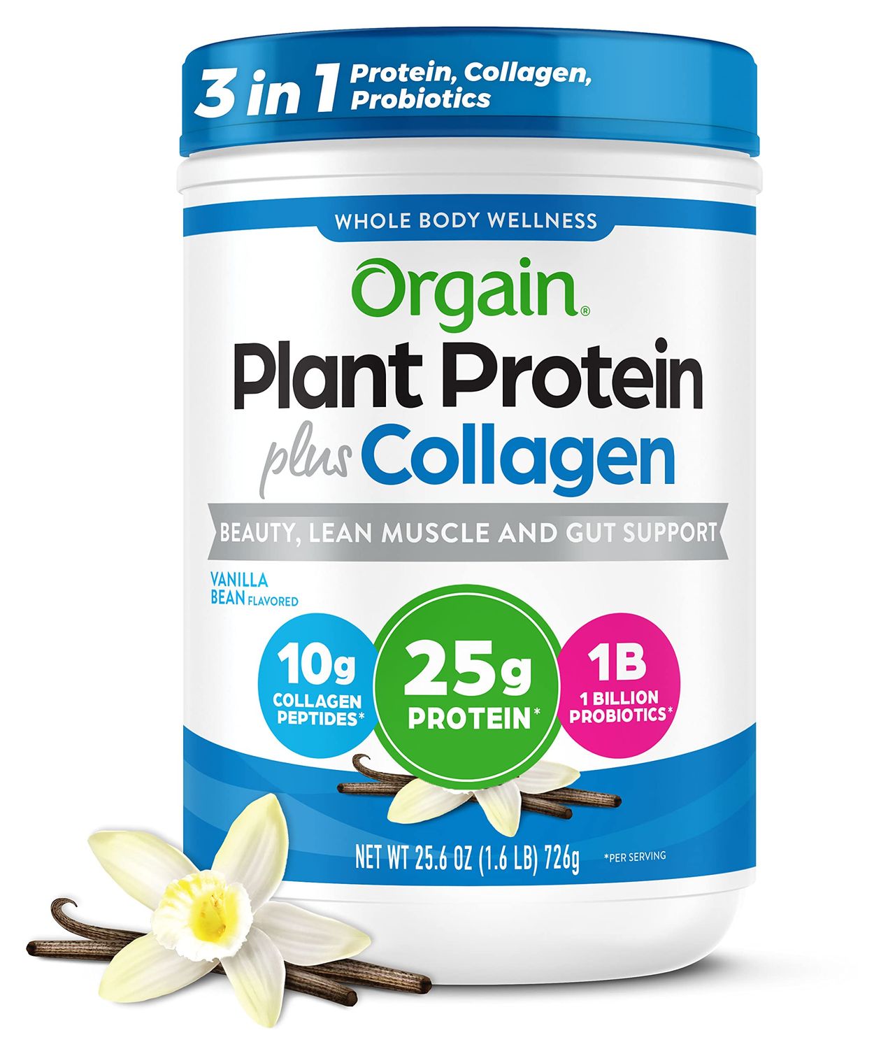 Orgain Protein Powder + Collagen, Vanilla Bean - 25g of Protein, 10g Collagen Peptides, Type I &amp; III, 1B CFU Probiotics, Supports Hair, Skin, Nail, Joint &amp; Gut Health, Gluten Free - 1.6lb