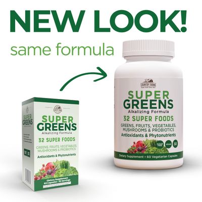 COUNTRY FARMS Super Greens Vegicaps, 32 Super Foods, Whole Food Supplement, Greens, Fruit, Vegetables, Mushrooms & Probiotics, Rich in Antioxidants & Phytonutrients, 60 Count, 30 Servings