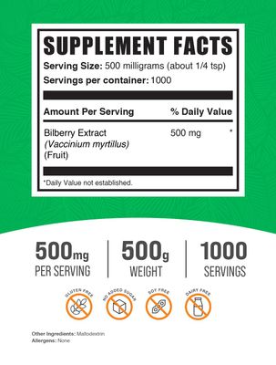 BulkSupplements.com Bilberry Extract Powder - Bilberry Fruit Extract, Bilberry Powder, Bilberry Supplement for Eyes - Glulten Free, 500mg per Serving, 500g (1.1 lbs) (Pack of 1)