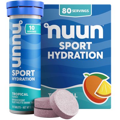 Nuun Sport Electrolyte Tablets - Dissolvable in Water, Tropical, 5 Essential Electrolytes for Hydration, 1g Sugar Drink Mix, Vegan, Non-GMO, 8 Pack (80 Total Servings)