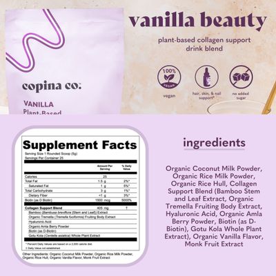 Copina Co. Vanilla Beauty Vegan Collagen Booster Creamer: Plant Based Collagen Support Smoothie Drink Vegan Creamy Blend | Vanilla Flavor | 1 Bag - 25 Servings per Bag