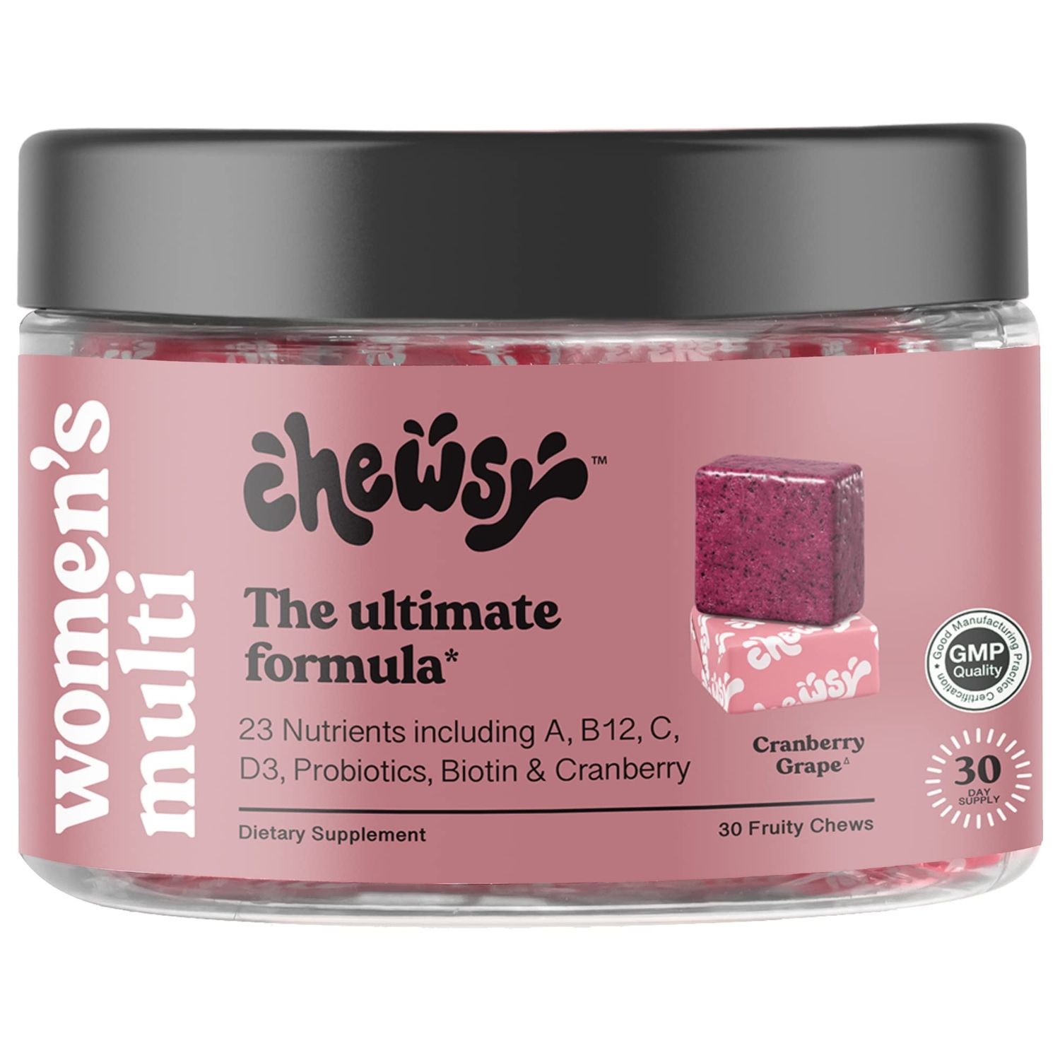 Chewsy Women&#39;s Multivitamin Chews, Immune &amp; Energy Support, Vitamins C, B12, A, D, E, Folic Acid, Probiotics, Biotin, Cranberry, Adult Chewable Vitamin, Individually Wrapped Fruity Chews,30-Day Supply