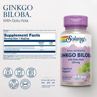 SOLARAY Ginkgo Biloba Extract with Gotu Kola - Ginko Biloba Capsules for Brain Health Support - Vegan, Lab Verified, 60-Day Guarantee - 30 Servings, 30 VegCaps (60 VegCaps)