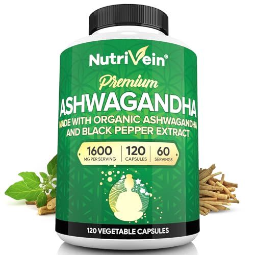 Nutrivein Organic Ashwagandha Capsules 1600mg with Black Pepper Extract - 120 Vegan Pills - 100% Pure Root Powder Supplement - Supports Stress Relief, Immune, Energy, Stamina &amp; Mood