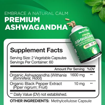 Nutrivein Organic Ashwagandha Capsules 1600mg with Black Pepper Extract - 120 Vegan Pills - 100% Pure Root Powder Supplement - Supports Stress Relief, Immune, Energy, Stamina & Mood