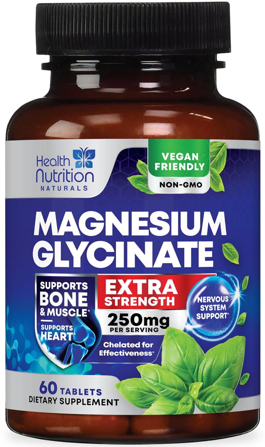 Magnesium Glycinate 250 mg - Natural, High Absorption Magnesium Tablets Chelated for Muscle, Nerve, Bone &amp; Heart Health Support - Gentle Form, Non-GMO, Gluten Free, Vegan Supplement - 60 Tablets