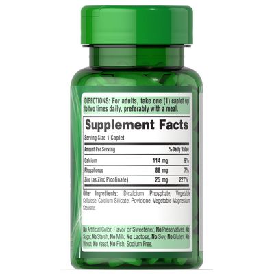 Puritan's Pride Zinc Picolinate Zinc 25mg with Calcium and Phosphorus, Vegetarian Dietary Supplement for Immune System, Energy Metabolism, Cell Division and Growth Support, 100 Caplets