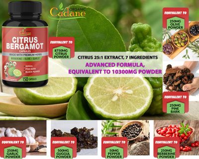 Organic Cadane Citrus Bergamot Supplement Extract Capsules, 150 Caps, 5 Months Supply & Berberine, Olive, Guggul, Garlic, Pine Bark, Black Pepper | Support Overall Health, Immune System