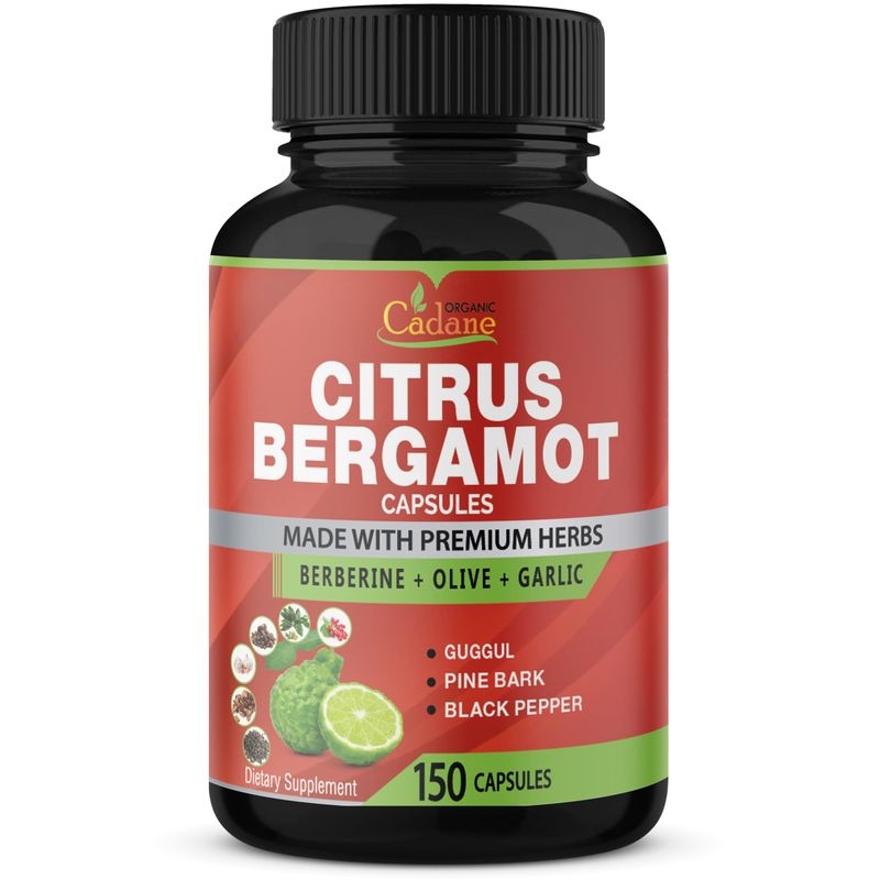 Organic Cadane Citrus Bergamot Supplement Extract Capsules, 150 Caps, 5 Months Supply &amp; Berberine, Olive, Guggul, Garlic, Pine Bark, Black Pepper | Support Overall Health, Immune System