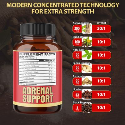 agobi 7in1 Adrenal Support Supplement - Equivalent to 8050mg Concentrated Ashwagandha, Panax Ginseng, Rhodiola Rosea &amp; More - 60 Capsules 2 Month for Body Balance