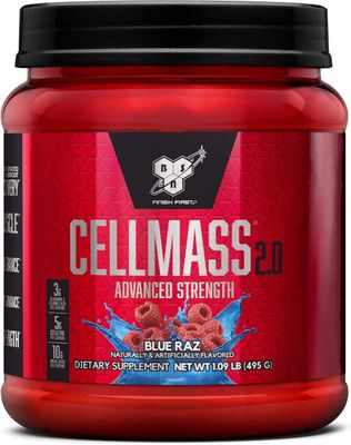 BSN CELLMASS 2.0 Post Workout Recovery with BCAA, Creatine, &amp; Glutamine - Keto Friendly - Blue Raz, (25 Servings)