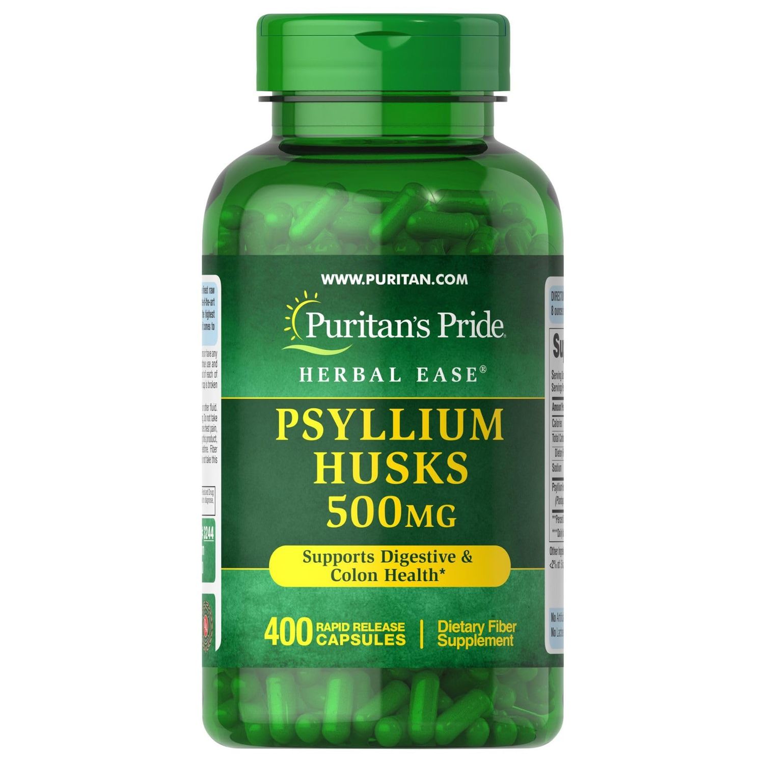 Puritan&#39;s Pride Herbal Ease Psyllium Husks 500mg, Dietary Supplement for Digestive, Colon, and Heart Health Support, Daily Fiber Capsules, 2 Month Supply, 400 Rapid Release Capsules