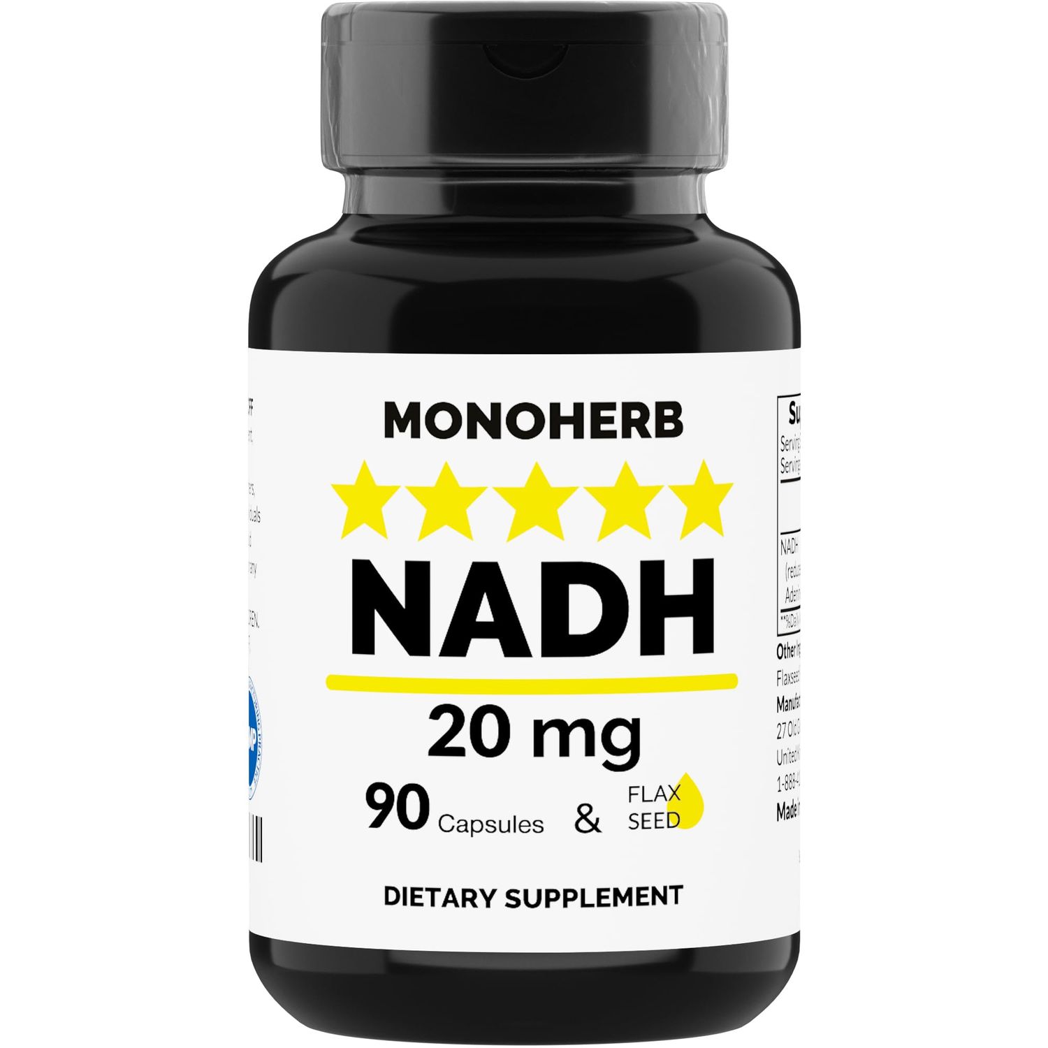 MONOHERB NADH 20 mg - 90 Vegetarian Capsules - Reduced Nicotinamide Adenine Dinucleotide Supplement - Made in USA