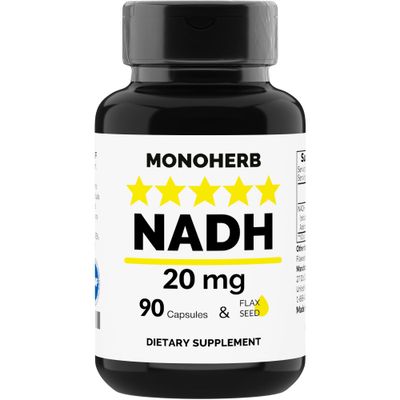 MONOHERB NADH 20 mg - 90 Vegetarian Capsules - Reduced Nicotinamide Adenine Dinucleotide Supplement - Made in USA