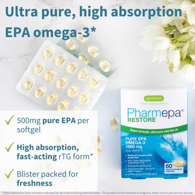 Pharmepa Restore, 1000mg Pure EPA Fish Oil, High Absorption rTG Omega-3, Triple Strength, Wild & Sustainable, Lemon Flavor, 1-Month Supply, 60 Softgels