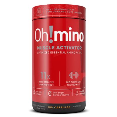Oh!mino Oh! Nutrition Muscle Synthesis Activator, Electrolyte Capsules with Essential Amino Acids &amp; 100mgs of Pharma-Grade Caffeine, Pre Workout, Post Workout for Men and Women, 180 Vegan Capsules