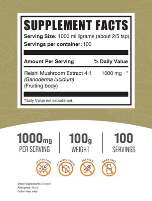 BulkSupplements.com Reishi Mushroom Extract Powder - Ganoderma Lucidum, Reishi Mushroom Supplement - Reishi Mushroom Powder, Gluten Free, 1000mg per Serving, 100g (3.5 oz) (Pack of 1)