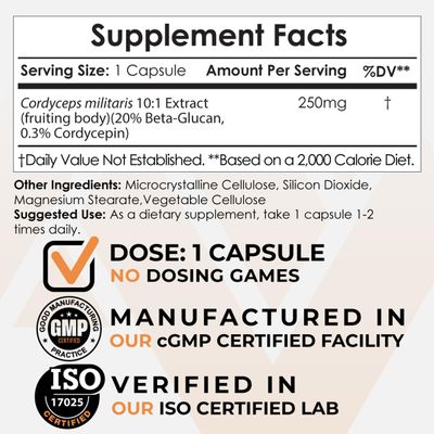 Nootropics Depot Cordyceps Mushroom Capsules | 10:1 Whole Fruiting Body Extract | 250mg | 60 Count | Cordyceps militaris