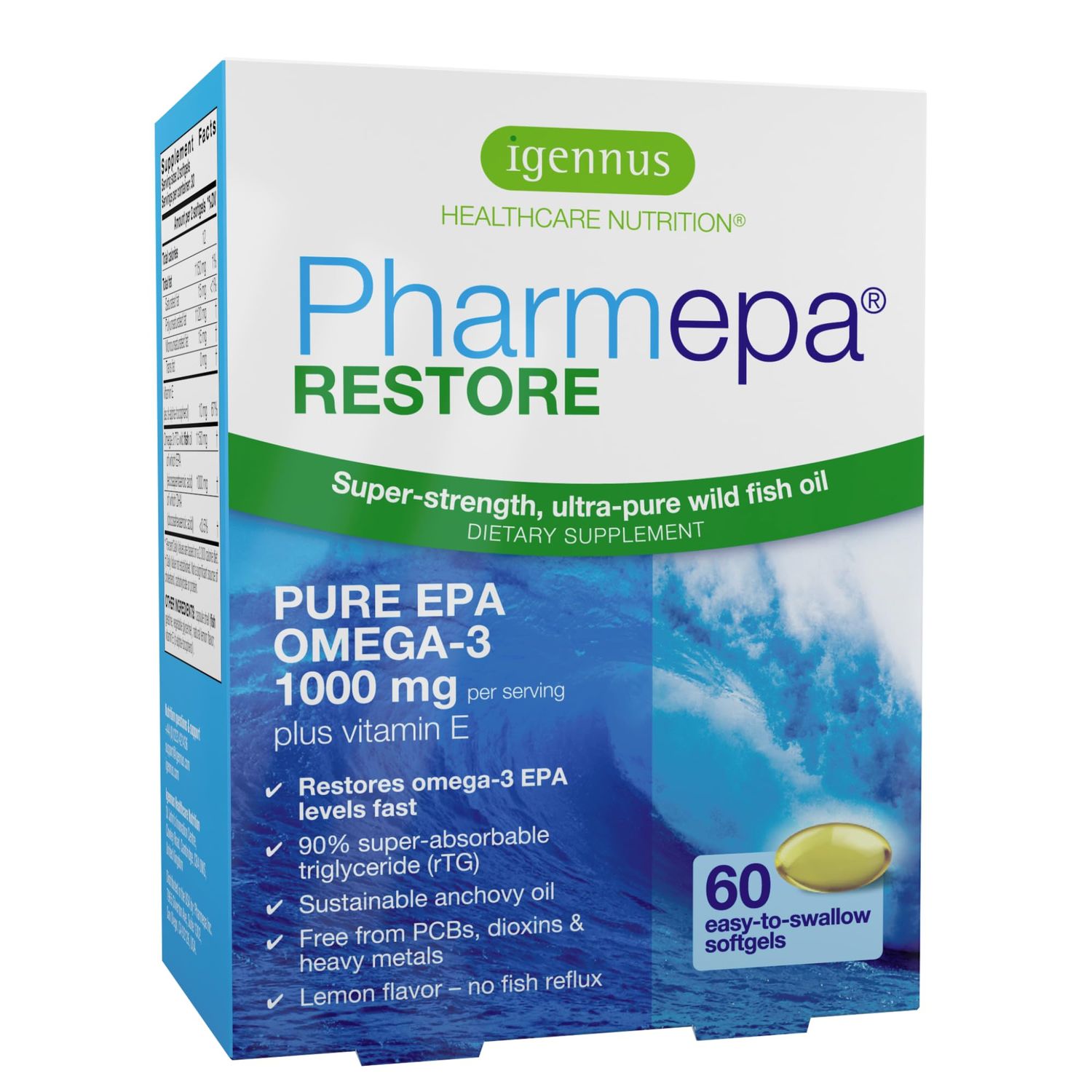 Pharmepa Restore, 1000mg Pure EPA Fish Oil, High Absorption rTG Omega-3, Triple Strength, Wild &amp; Sustainable, Lemon Flavor, 1-Month Supply, 60 Softgels