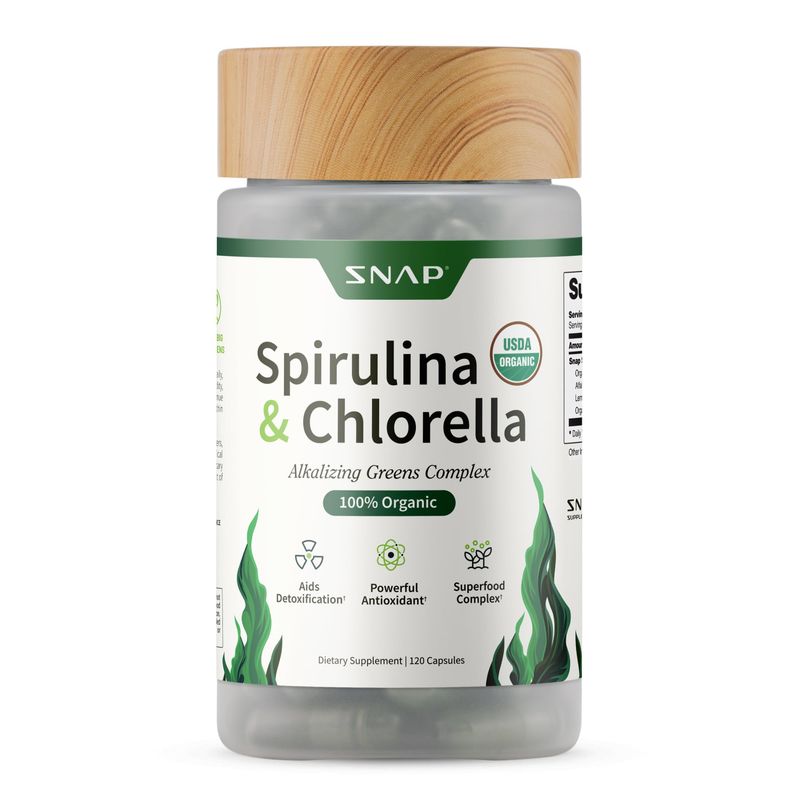Snap Supplements USDA Organic Spirulina Chlorella Capsules - Green Superfoods for Natural Energy and Metabolic Health, 120 Capsules